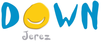 la palabra down en Azul, simulando en la O una carita feliz en amarillo y la palabra Jerez abajo en gris y letra más trabajo.
