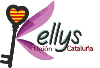 Una llave de una puerta con un cerrazón y la bandera de Catalunya, y Unas Alas, que a la vez hacen la K de Kellys, abajo el nombre completo, Kellys Unión Catalunya. 